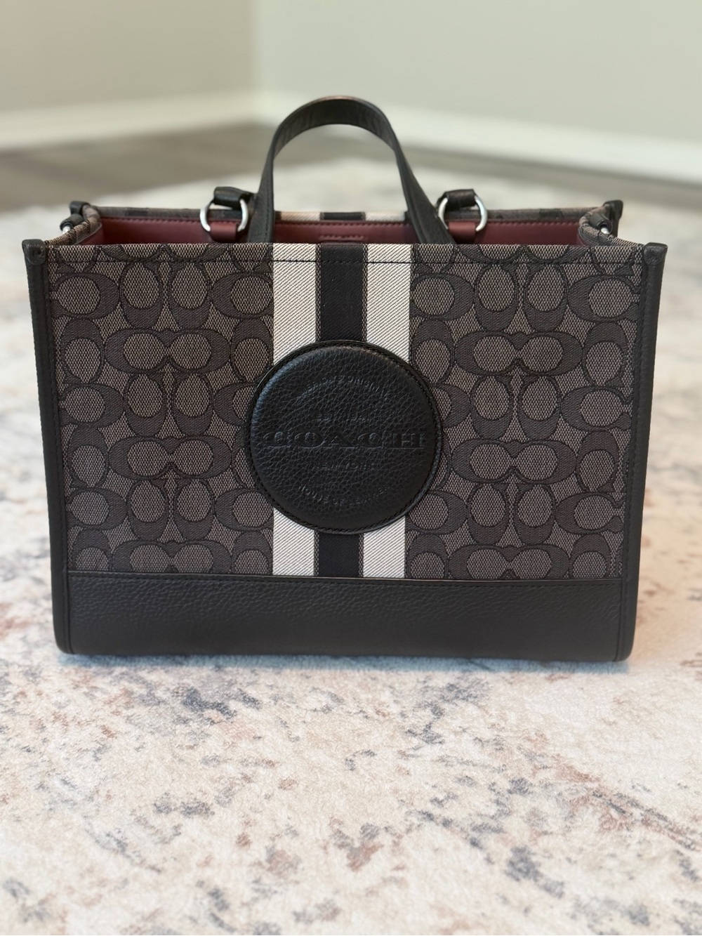 Coach Men’s Canvas Briefcase in Brown and Black with Ivory Stripe